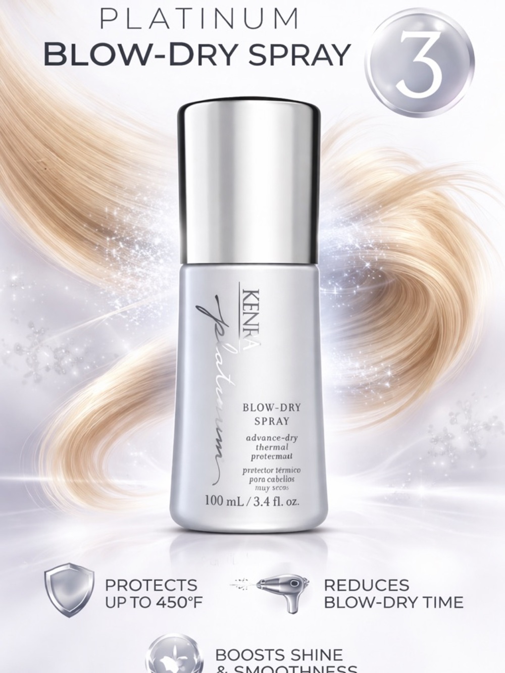 Kenra Platinum Blow Dry Spray 3 Professional Heat Protectant Fast Dry Shine